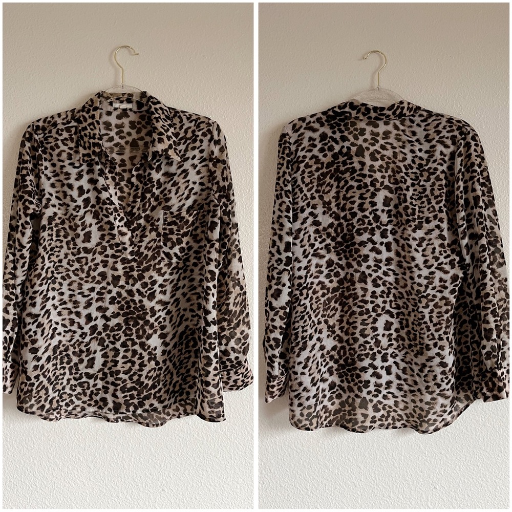 Pleione Cheetah Y2K Rocker Boho Grunge Western Concert V Neck Tab Sleeve Blouse